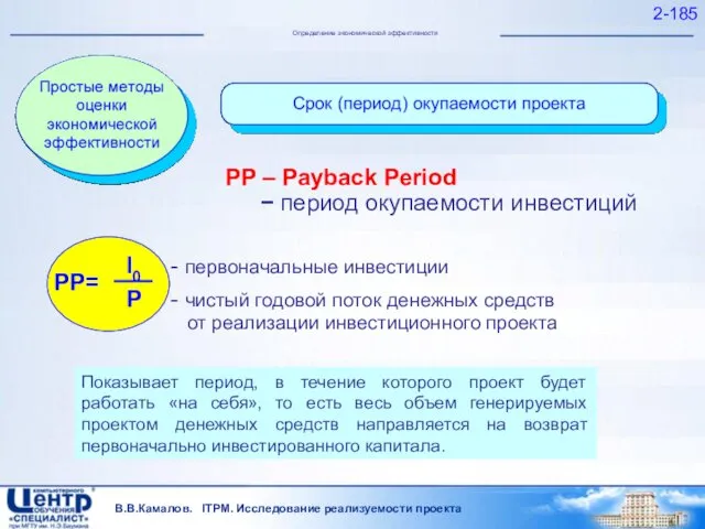 В.В.Камалов. ITPM. Исследование реализуемости проекта 2- Определение экономической эффективности PP – Payback Period