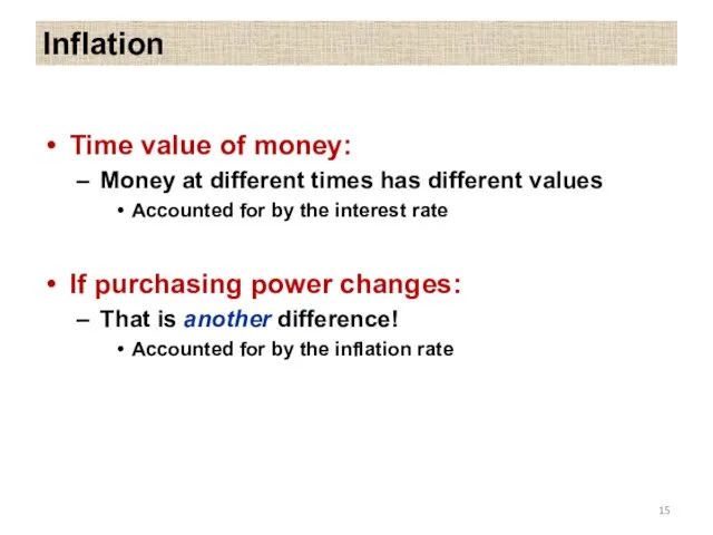 Inflation Time value of money: Money at different times has