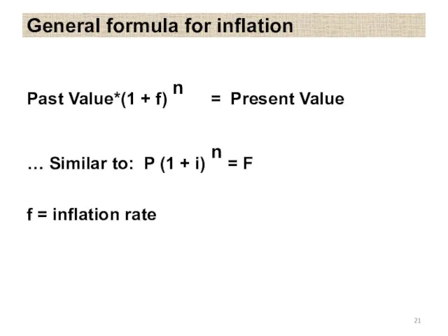 General formula for inflation Past Value*(1 + f) n =