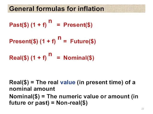 General formulas for inflation Past($) (1 + f) n =