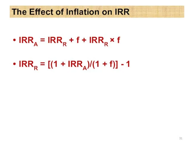 The Effect of Inflation on IRR IRRA = IRRR +