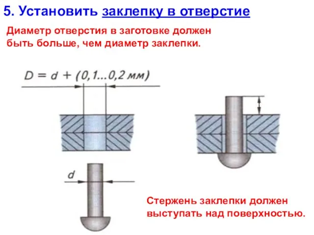 5. Установить заклепку в отверстие Диаметр отверстия в заготовке должен