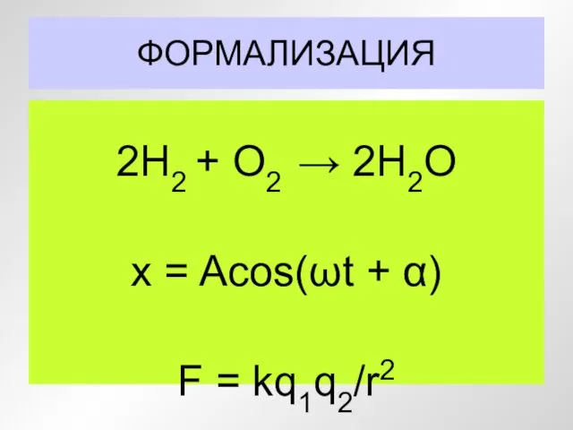 ФОРМАЛИЗАЦИЯ 2H2 + O2 → 2H2O x = Acos(ωt + α) F = kq1q2/r2