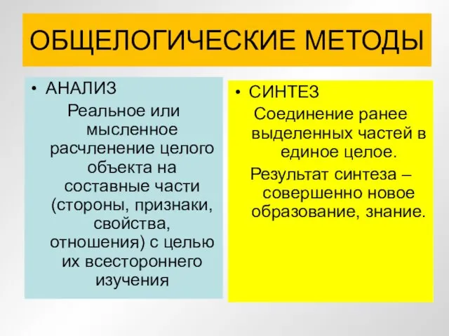 ОБЩЕЛОГИЧЕСКИЕ МЕТОДЫ АНАЛИЗ Реальное или мысленное расчленение целого объекта на