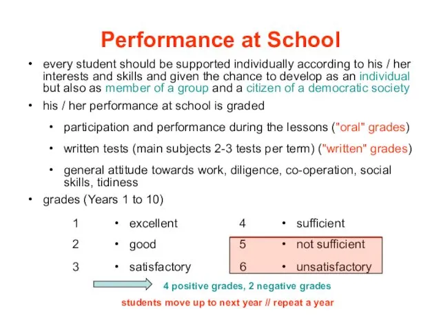 Performance at School every student should be supported individually according to his /