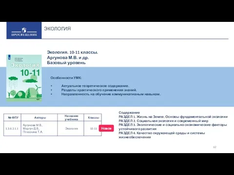 ЭКОЛОГИЯ Особенности УМК: Актуальное теоретическое содержание. Разделы практического применения знаний.