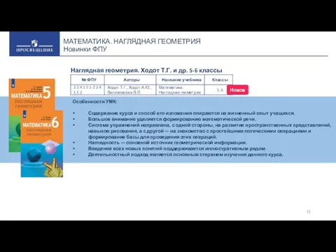 МАТЕМАТИКА. НАГЛЯДНАЯ ГЕОМЕТРИЯ Новинки ФПУ Особенности УМК: Содержание курса и