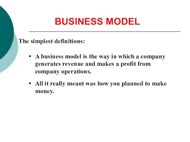 BUSINESS MODEL The simplest definitions: A business model is the