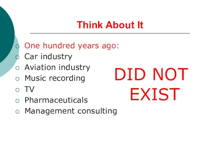 Think About It One hundred years ago: Car industry Aviation