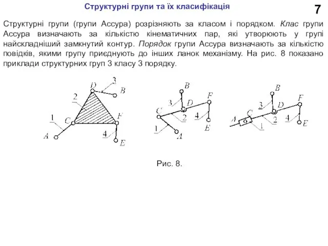 7 Структурні групи (групи Ассура) розрізняють за класом і порядком.