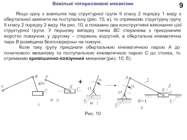 9 Важільні чотириланкові механізми Якщо одну з зовнішніх пар структурної