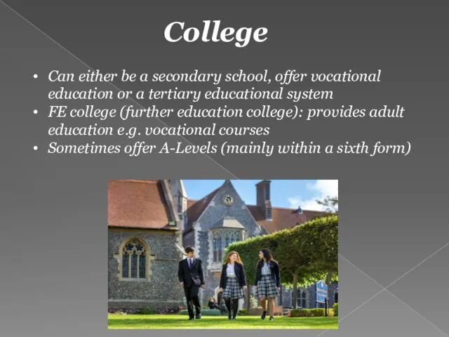 College Can either be a secondary school, offer vocational education