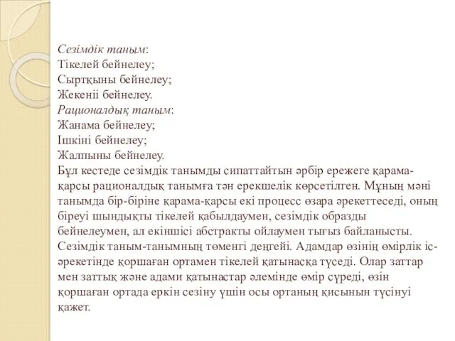 Сезімдік таным: Тікелей бейнелеу; Сыртқыны бейнелеу; Жекеніі бейнелеу. Рационалдық таным: