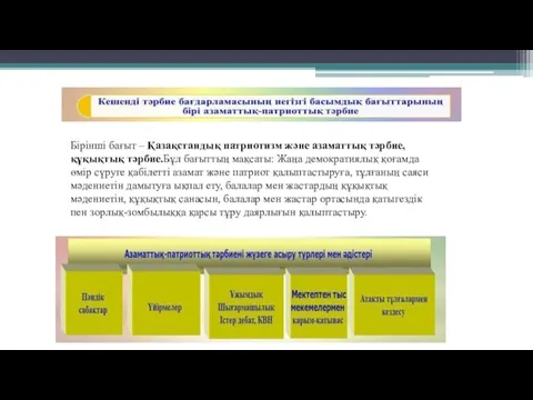 Бірінші бағыт – Қазақстандық патриотизм және азаматтық тәрбие, құқықтық тәрбие.Бұл