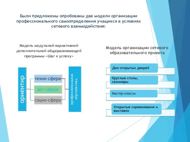 Были предложены опробованы две модели организации профессионального самоопределения учащихся в условиях сетевого взаимодействия: