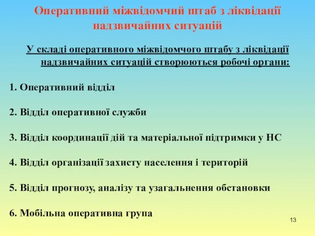 Оперативний міжвідомчий штаб з ліквідації надзвичайних ситуацій У складі оперативного