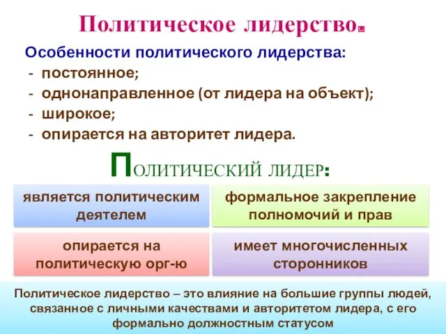 Политическое лидерство. Особенности политического лидерства: постоянное; однонаправленное (от лидера на