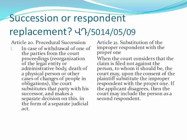 Succession or respondent replacement? ՎԴ/5014/05/09 Article 20. Procedural Succession In