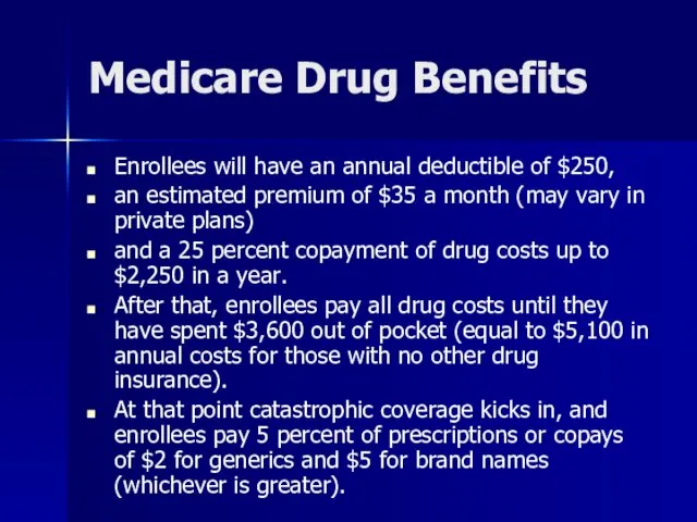 Medicare Drug Benefits Enrollees will have an annual deductible of