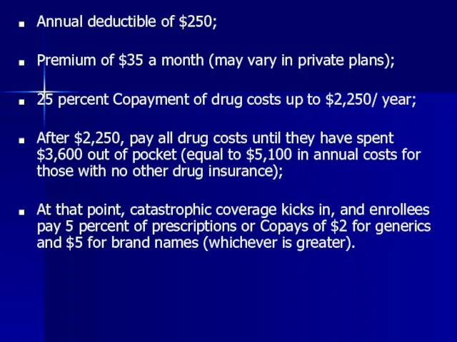 Annual deductible of $250; Premium of $35 a month (may