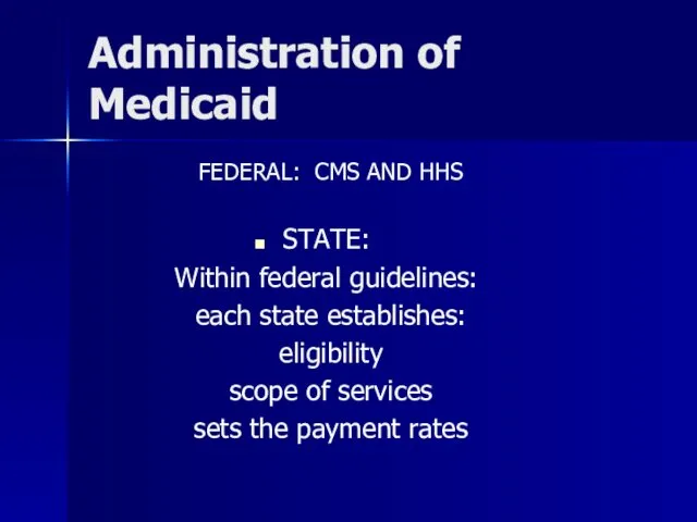 Administration of Medicaid FEDERAL: CMS AND HHS STATE: Within federal