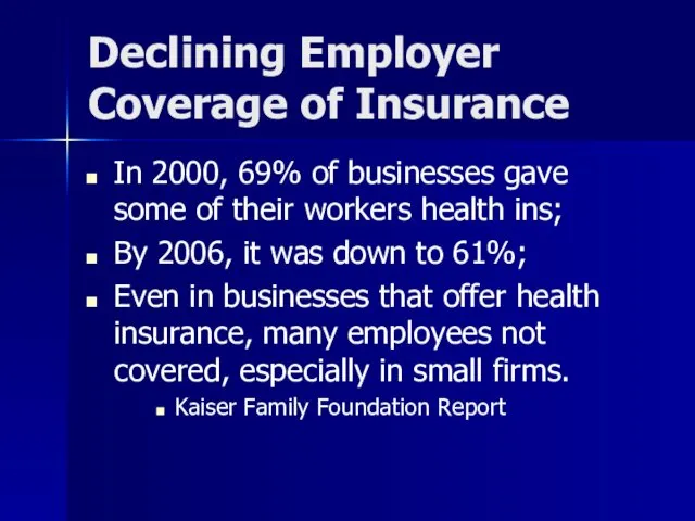 Declining Employer Coverage of Insurance In 2000, 69% of businesses