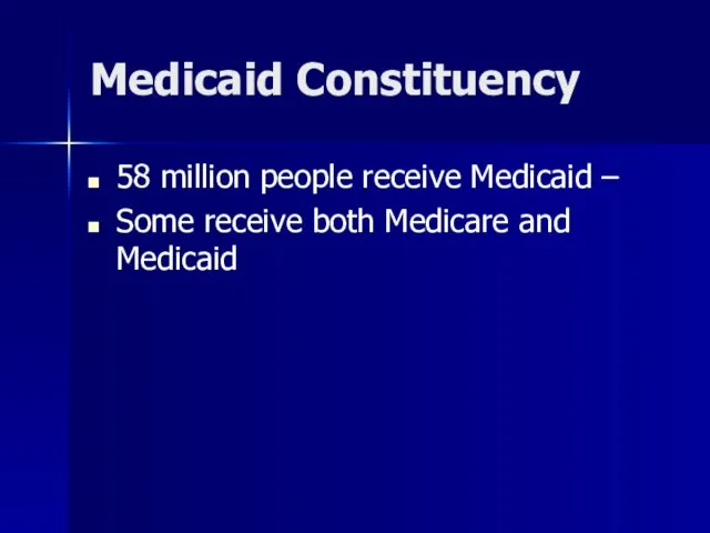 Medicaid Constituency 58 million people receive Medicaid – Some receive both Medicare and Medicaid