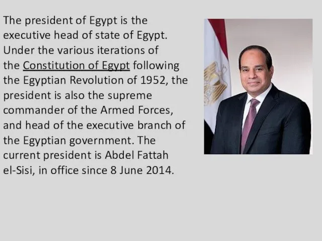 The president of Egypt is the executive head of state