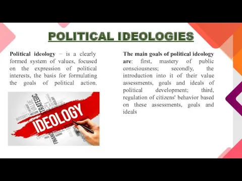 POLITICAL IDEOLOGIES Political ideology − is a clearly formed system