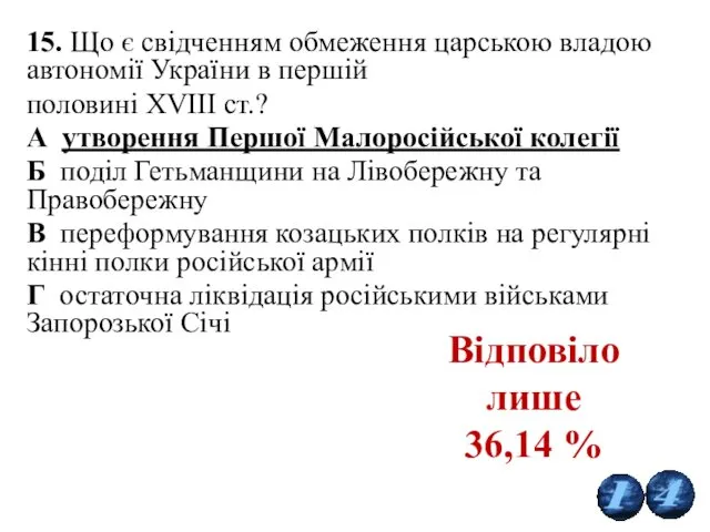 15. Що є свідченням обмеження царською владою автономії України в