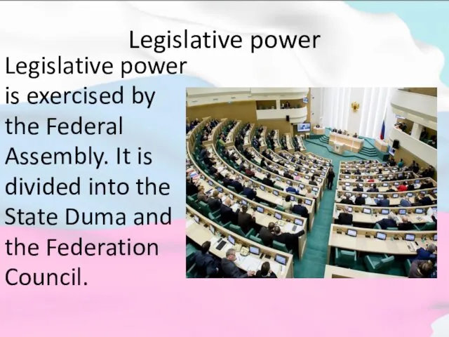 Legislative power Legislative power is exercised by the Federal Assembly.