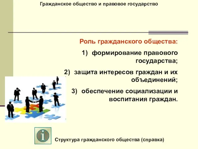 Гражданское общество и правовое государство Роль гражданского общества: формирование правового