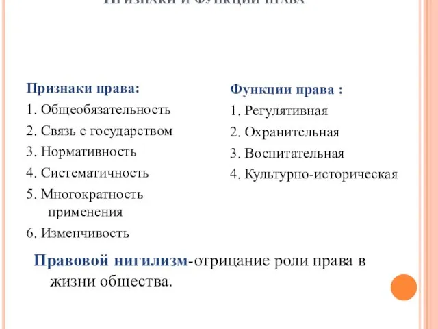 Признаки и функции права Признаки права: 1. Общеобязательность 2. Связь