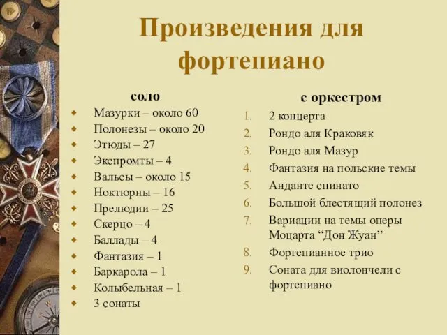 Произведения для фортепиано соло Мазурки – около 60 Полонезы –