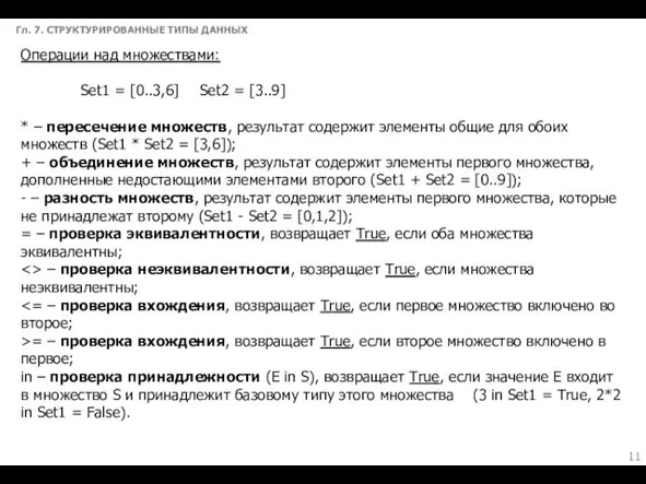 Гл. 7. СТРУКТУРИРОВАННЫЕ ТИПЫ ДАННЫХ Операции над множествами: Set1 =