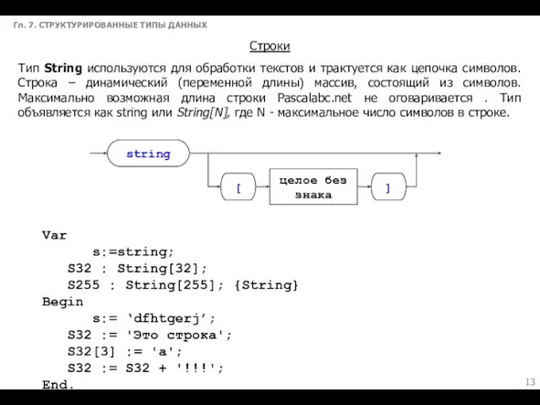 Гл. 7. СТРУКТУРИРОВАННЫЕ ТИПЫ ДАННЫХ Строки Тип String используются для