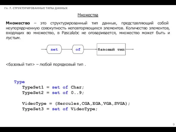 Гл. 7. СТРУКТУРИРОВАННЫЕ ТИПЫ ДАННЫХ Множества Множество – это структурированный