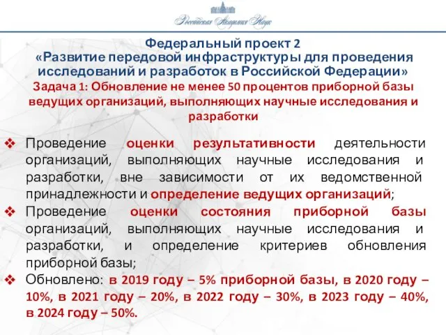 Федеральный проект 2 «Развитие передовой инфраструктуры для проведения исследований и разработок в Российской