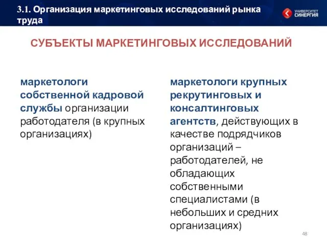 СУБЪЕКТЫ МАРКЕТИНГОВЫХ ИССЛЕДОВАНИЙ маркетологи собственной кадровой службы организации работодателя (в