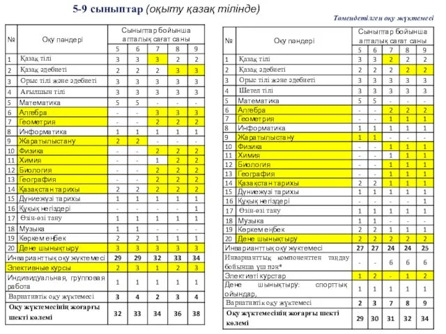 5-9 сыныптар (оқыту қазақ тілінде) Төмендетілген оқу жүктемесі