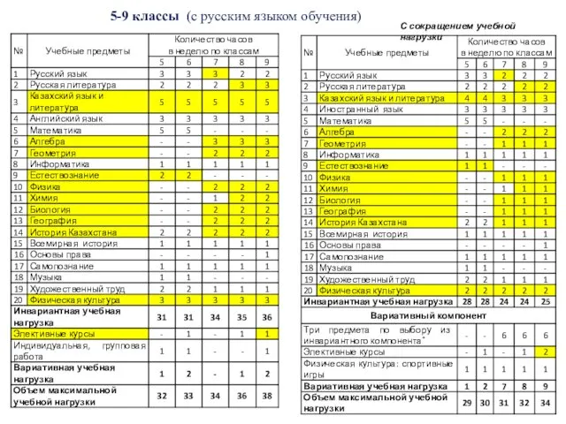 5-9 классы (с русским языком обучения) С сокращением учебной нагрузки