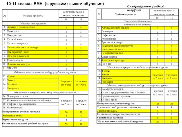 10-11 классы ЕМН (с русским языком обучения) С сокращением учебной нагрузки