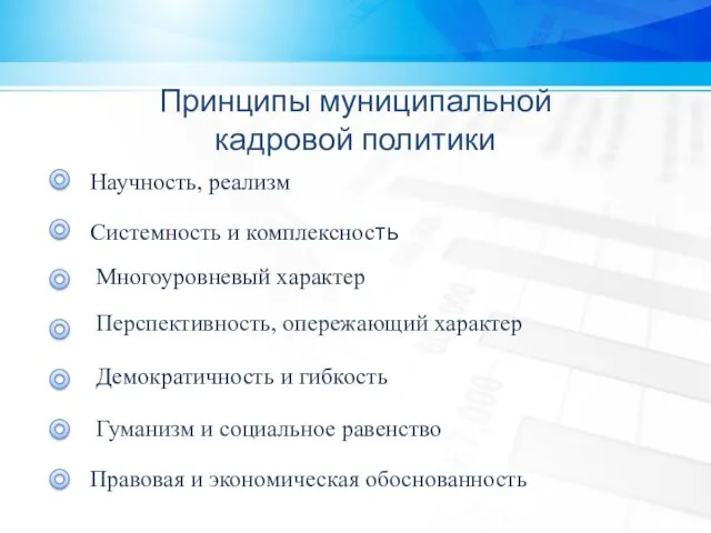 Принципы муниципальной кадровой политики Научность, реализм Системность и комплексность Многоуровневый