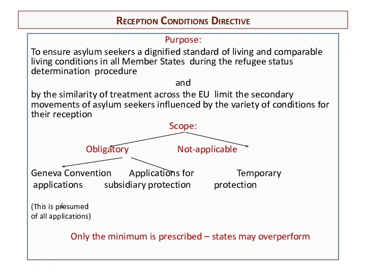 Reception Conditions Directive Purpose: To ensure asylum seekers a dignified standard of living