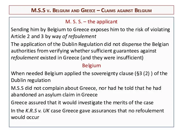 M. S. S. – the applicant Sending him by Belgium