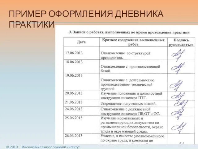 ПРИМЕР ОФОРМЛЕНИЯ ДНЕВНИКА ПРАКТИКИ © 2010 Московский технологический институт ВТУ