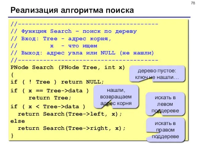 Реализация алгоритма поиска //--------------------------------------- // Функция Search – поиск по дереву // Вход: