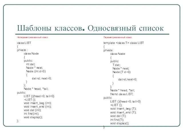 Шаблоны классов. Односвязный список Непараметризованный класс class LIST { private