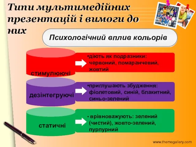 діють як подразники: червоний, помаранчевий, жовтий приглушають збудження: фіолетовий, синій,