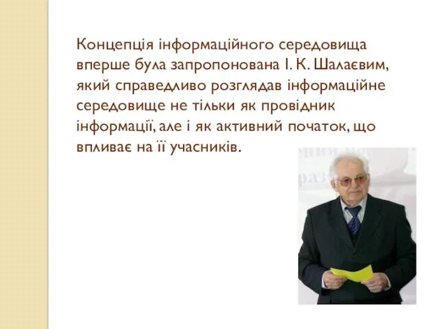 Концепція інформаційного середовища вперше була запропонована І. К. Шалаєвим, який
